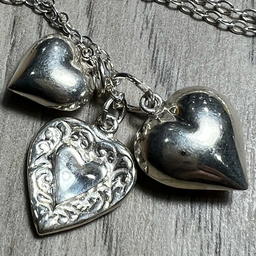 Vintage Sterling Silver Triple Heart Charms Necklace